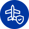 Icon of an airplane with a shield symbol, indicating flight security.