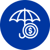Blue icon with umbrella protecting a dollar sign symbolizing financial security.