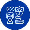 Icon showing financial protection with money, a person, and an umbrella shield.