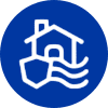 Icon of a house with water waves in a blue circle.