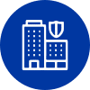Icon of two buildings with a shield symbol representing protection or security.