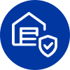 Blue shield icon with a house and shield symbol representing protection.