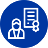 Icon of a person with a certificate in a blue circle.