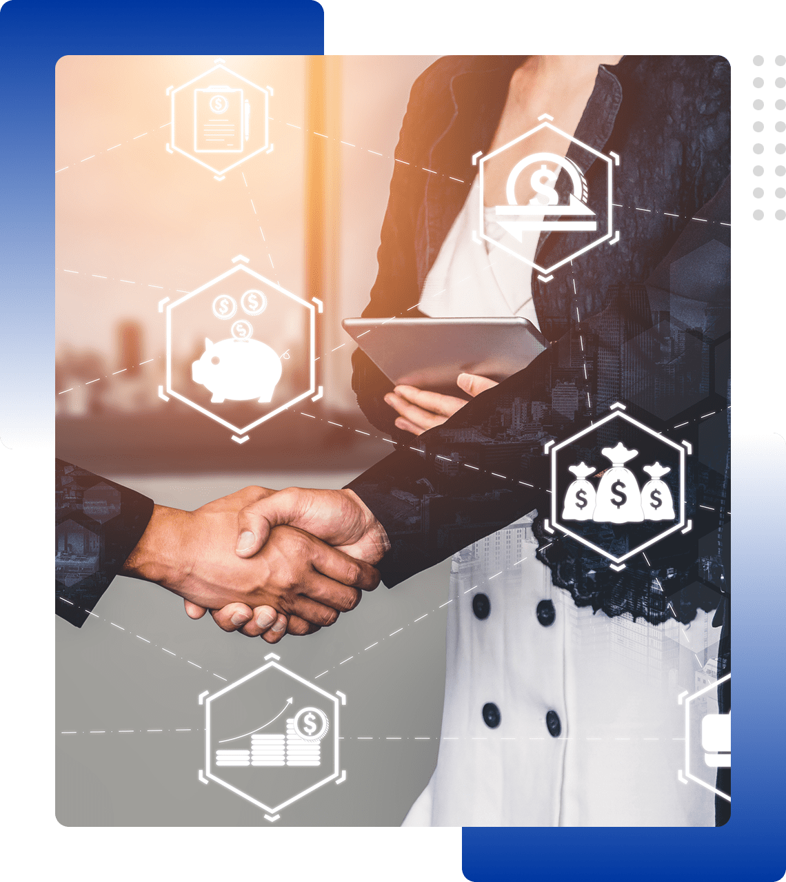 Business handshake with digital security icons overlaying.