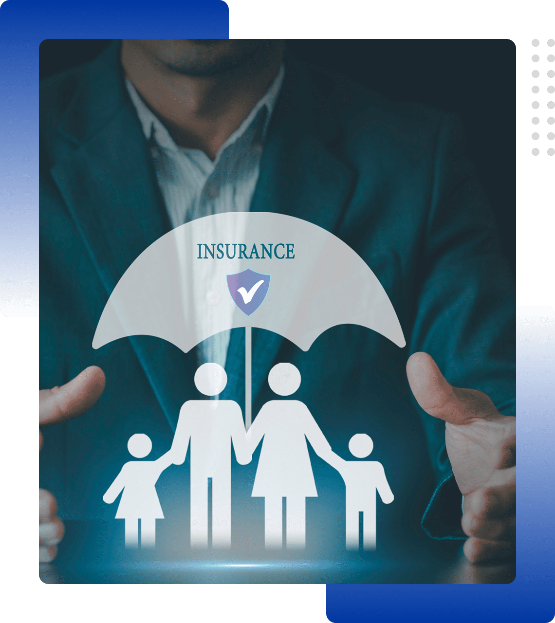 A digital illustration of a family protected by an insurance umbrella.
