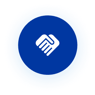 Blue icon showing two hands shaking in a circle.